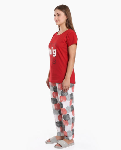 Red & White Colored Printed Nightsuit