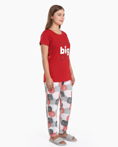 Red & White Colored Printed Nightsuit
