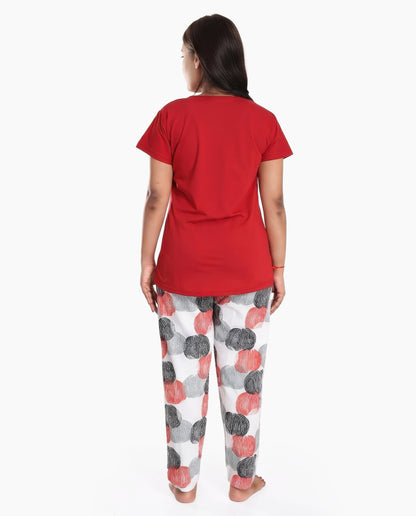 Red & White Colored Printed Nightsuit