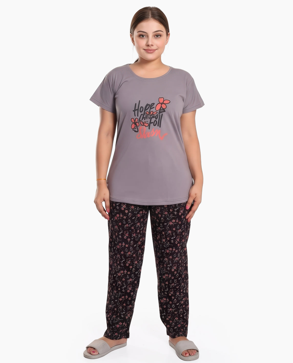 Grey & Black Colored Printed Nightsuit