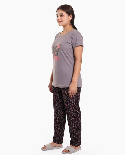 Grey & Black Colored Printed Nightsuit