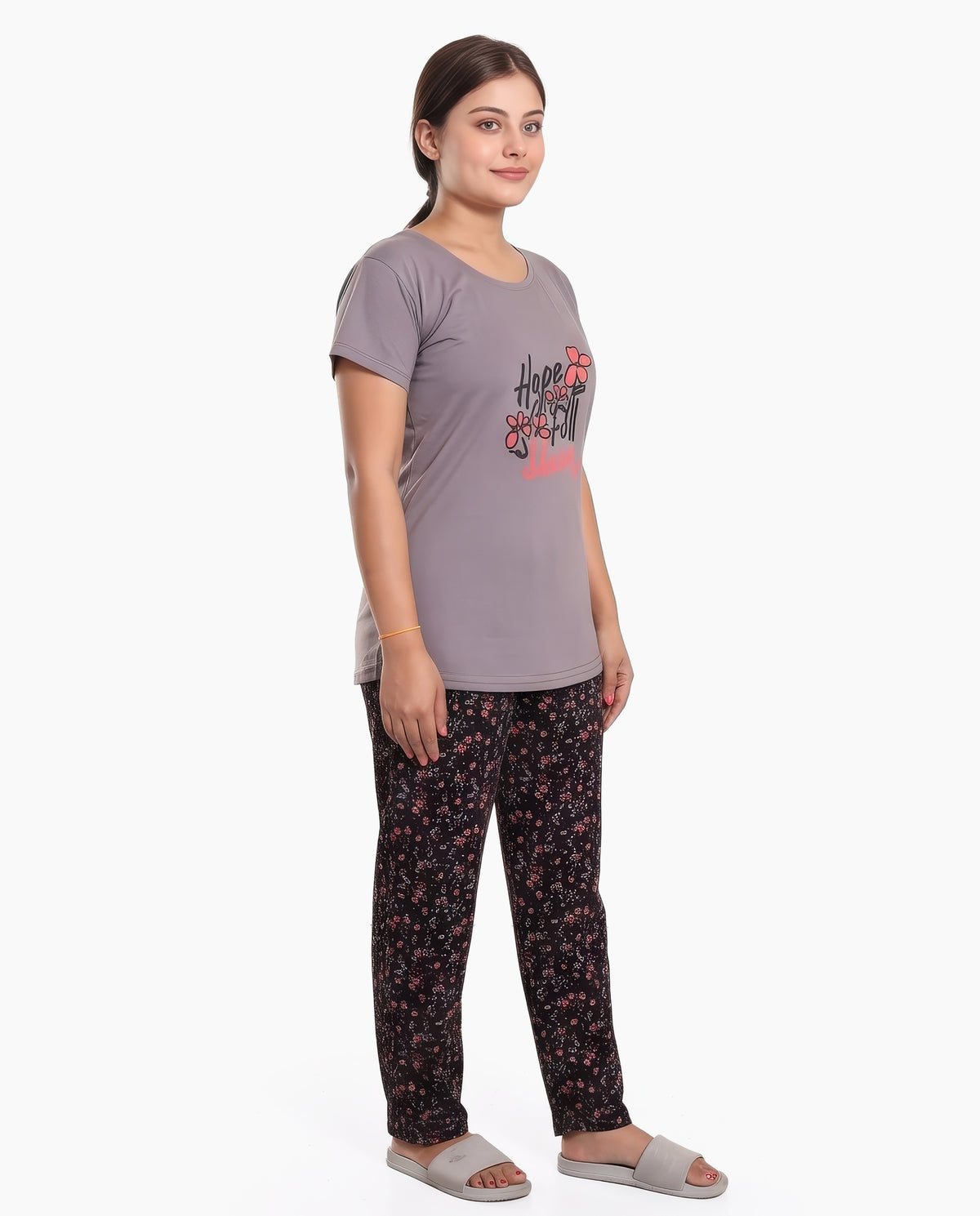 Grey & Black Colored Printed Nightsuit
