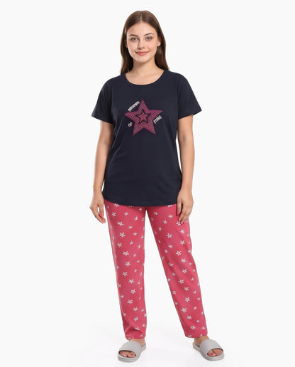 Navy & D.Pink Colored Printed Nightsuit