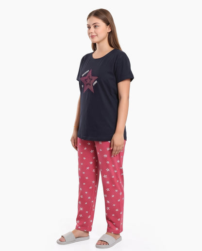 Navy & D.Pink Colored Printed Nightsuit