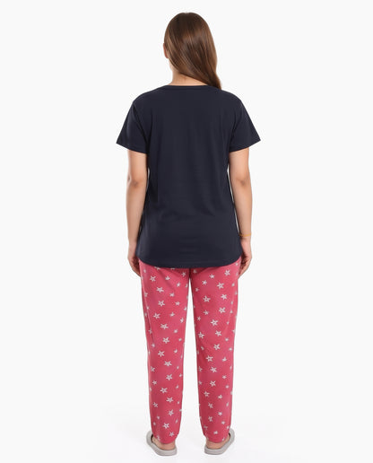 Navy & D.Pink Colored Printed Nightsuit
