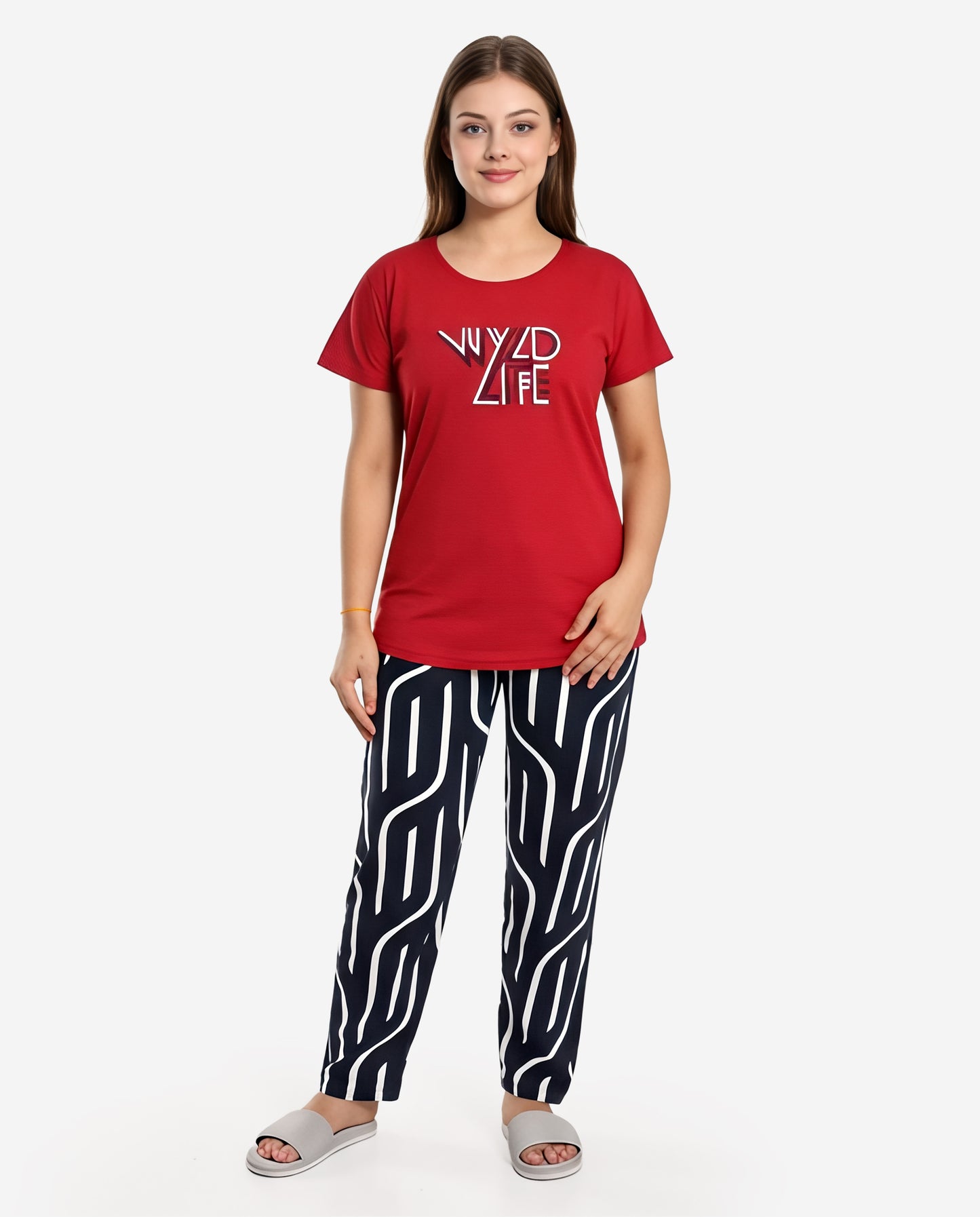 Red & Navy Colored Printed Nightsuit