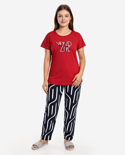 Red & Navy Colored Printed Nightsuit