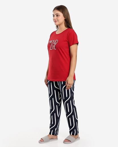 Red & Navy Colored Printed Nightsuit