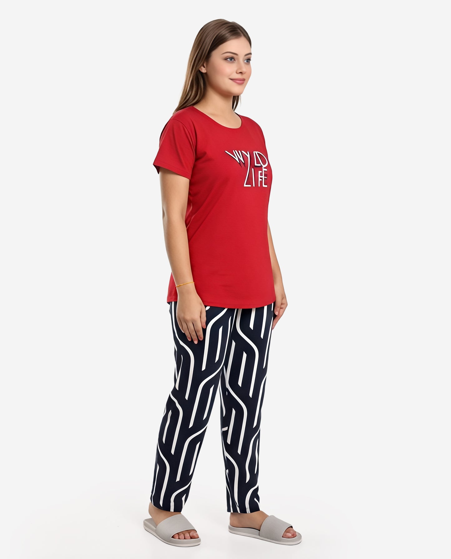 Red & Navy Colored Printed Nightsuit