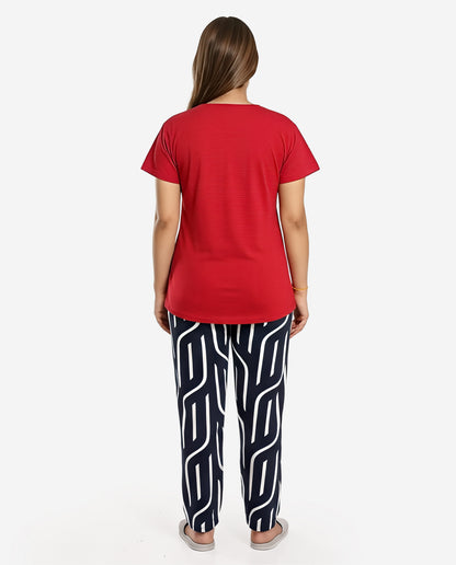 Red & Navy Colored Printed Nightsuit