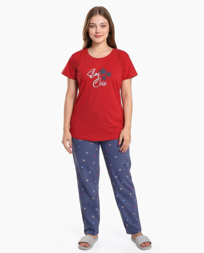 Red & Rock Blue Colored Printed Nightsuit