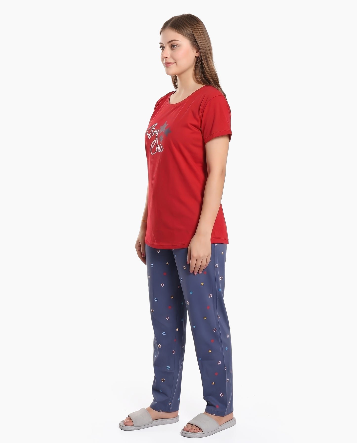 Red & Rock Blue Colored Printed Nightsuit