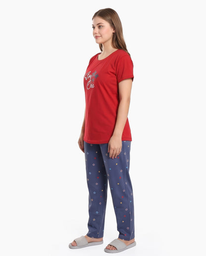 Red & Rock Blue Colored Printed Nightsuit