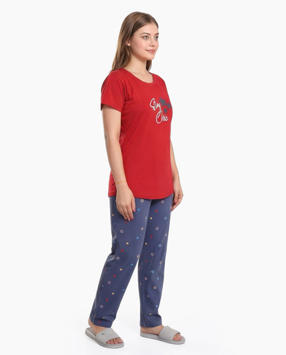 Red & Rock Blue Colored Printed Nightsuit