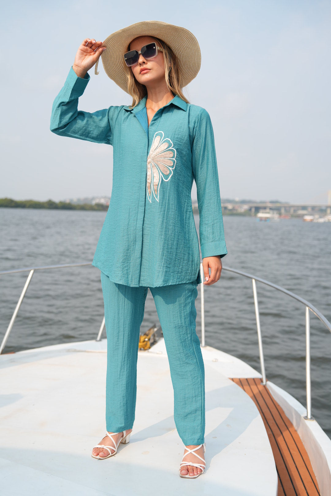 Sea Green-Colored Embroidered Co-Ord Set