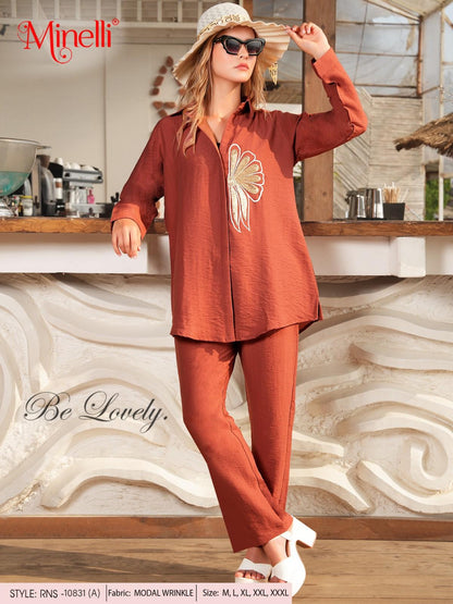 Sanguine Brown-Colored Embroidered Co-Ord Set