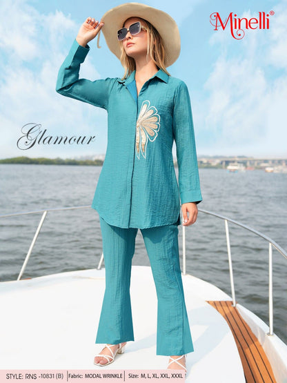 Sea Green-Colored Embroidered Co-Ord Set