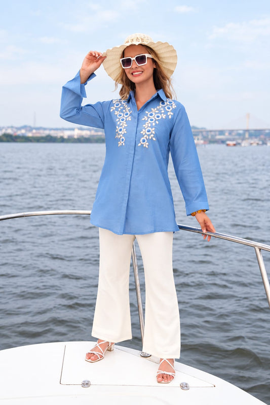 Pastel Blue-Colored Embroidered Co-Ord Set