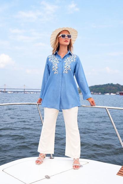 Pastel Blue-Colored Embroidered Co-Ord Set