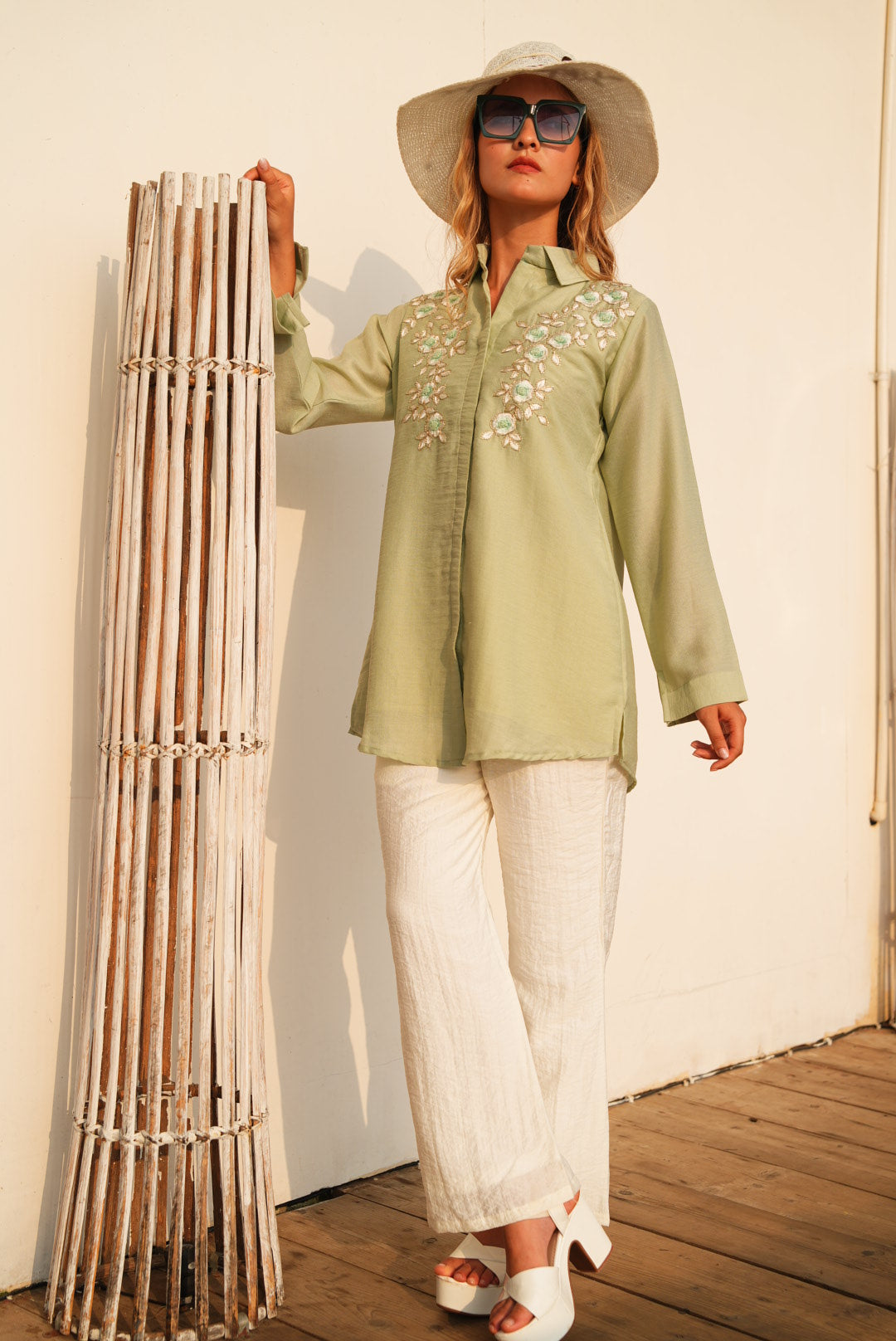 Light Olive-Colored Embroidered Co-Ord Set