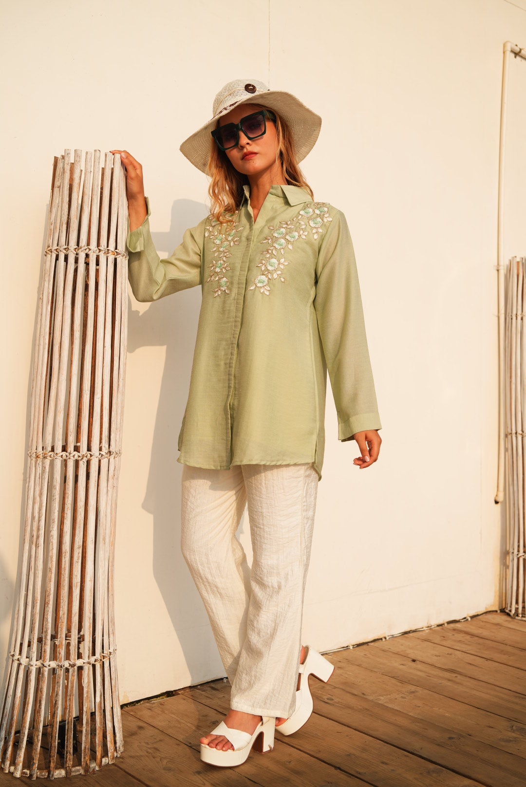 Light Olive-Colored Embroidered Co-Ord Set