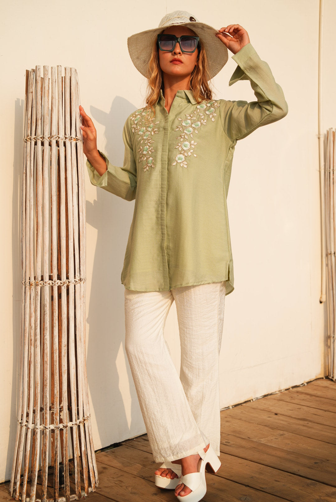 Light Olive-Colored Embroidered Co-Ord Set