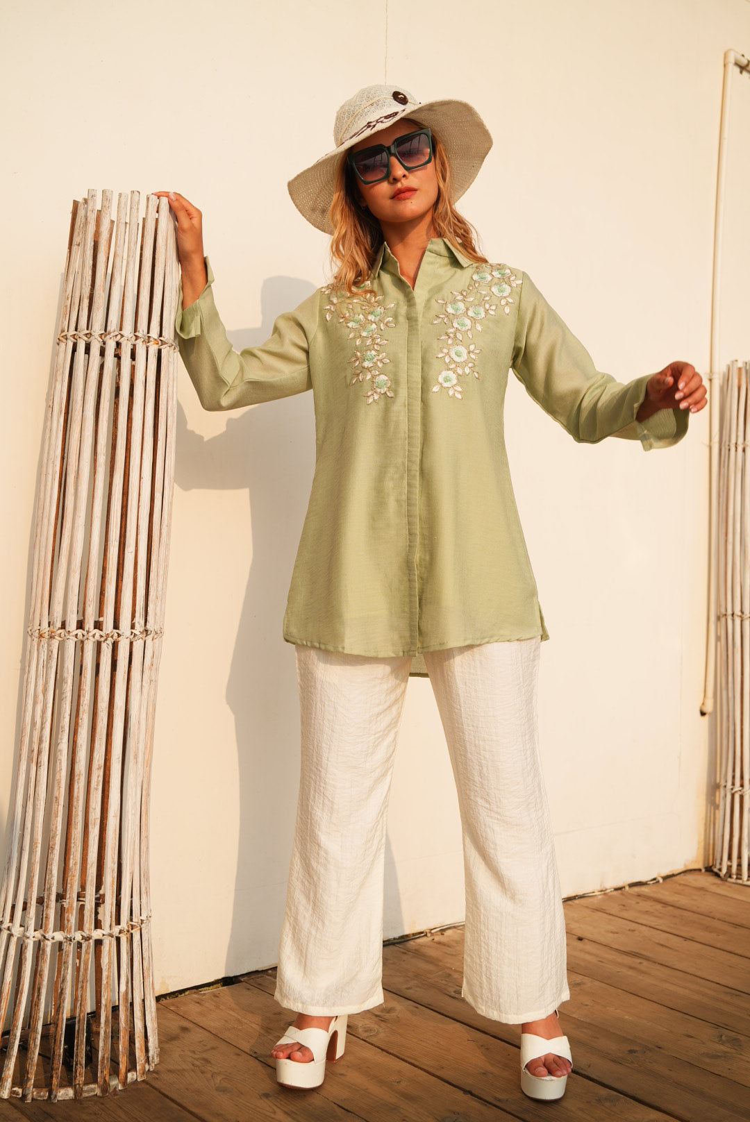 Light Olive-Colored Embroidered Co-Ord Set