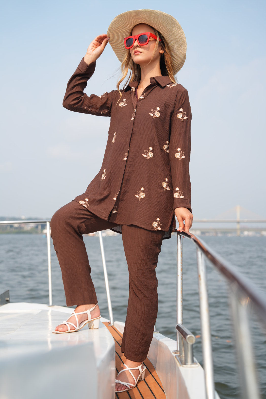 Coffee Brown-Colored Embroidered Co-Ord Set