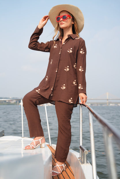 Coffee Brown-Colored Embroidered Co-Ord Set