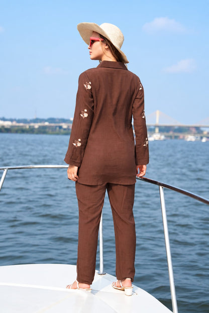 Coffee Brown-Colored Embroidered Co-Ord Set