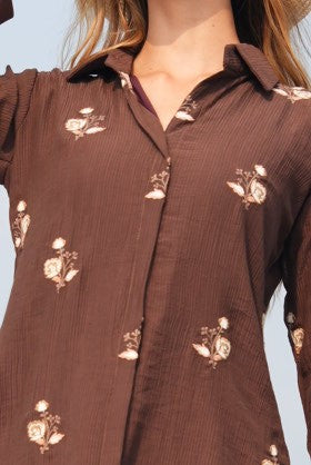 Coffee Brown-Colored Embroidered Co-Ord Set