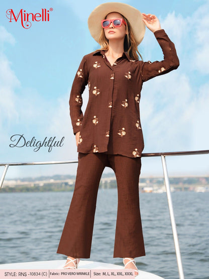 Coffee Brown-Colored Embroidered Co-Ord Set