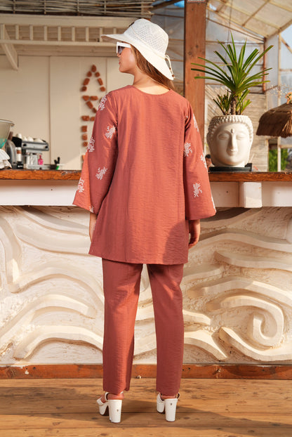Brownish Red-Colored Embroidered Co-Ord Set