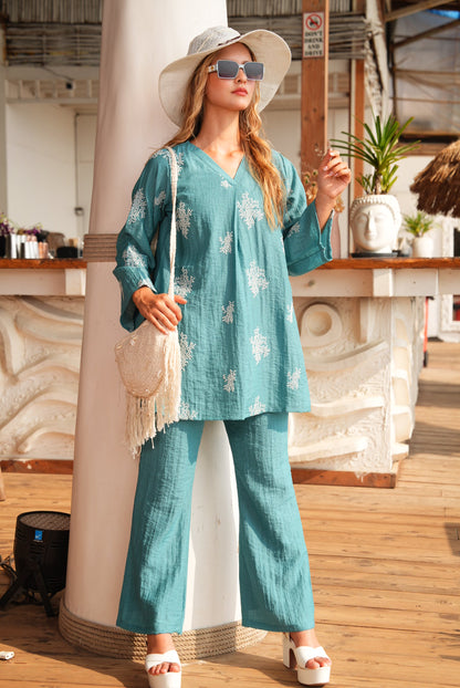 Sea Green-Colored Embroidered Co-Ord Set
