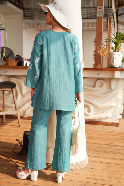 Sea Green-Colored Embroidered Co-Ord Set