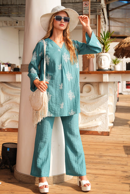 Sea Green-Colored Embroidered Co-Ord Set