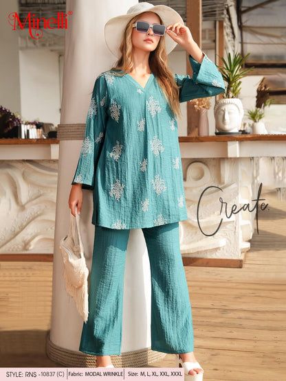 Sea Green-Colored Embroidered Co-Ord Set