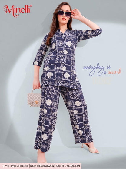 Navy Blue-Colored Printed Co-Ord Set