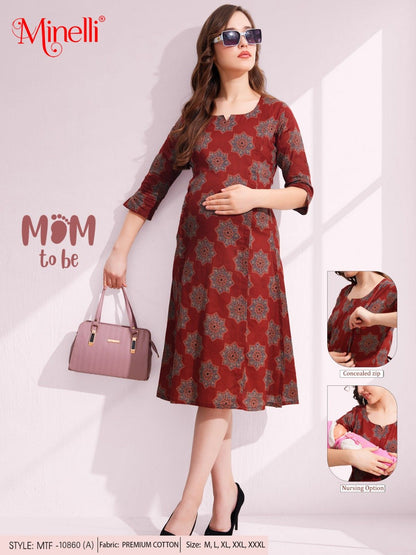 Red-Colored Maternity 3/4th Gown