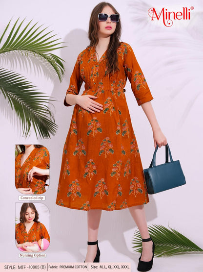 Mustard-Colored Maternity 3/4th Gown