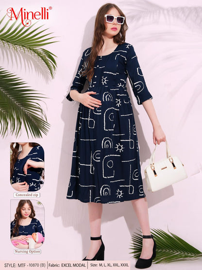 Navy Blue-Colored Maternity 3/4th Gown