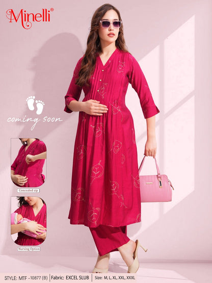 Womens Maternity Kurti Pant Set - Fuchsia