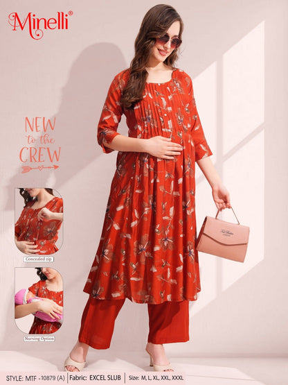 Womens Maternity Kurti Pant Set - Orange