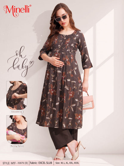Womens Maternity Kurti Pant Set - Coffee