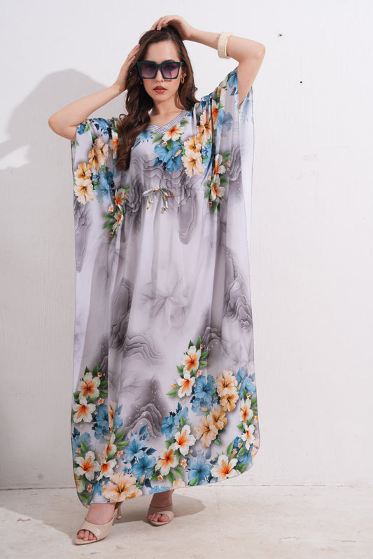 Womens Printed Kaftan Nightdress - Lavender Grey