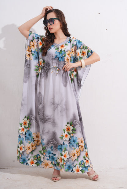 Womens Printed Kaftan Nightdress - Lavender Grey