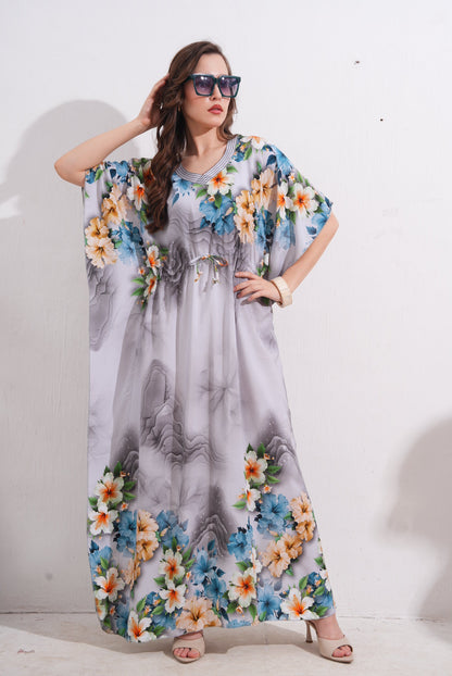 Womens Printed Kaftan Nightdress - Lavender Grey