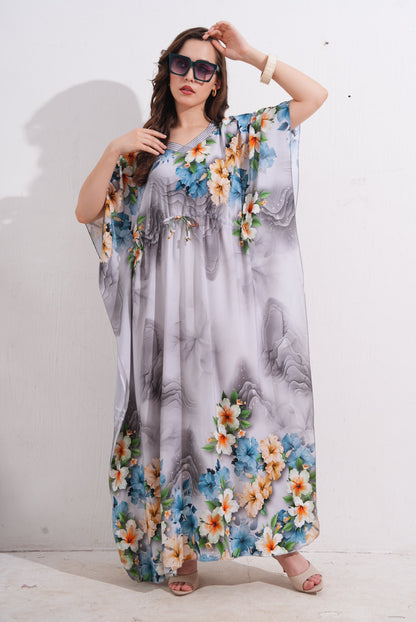Womens Printed Kaftan Nightdress - Lavender Grey