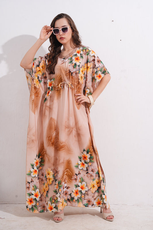 Womens Printed Kaftan Nightdress - Burning Sand