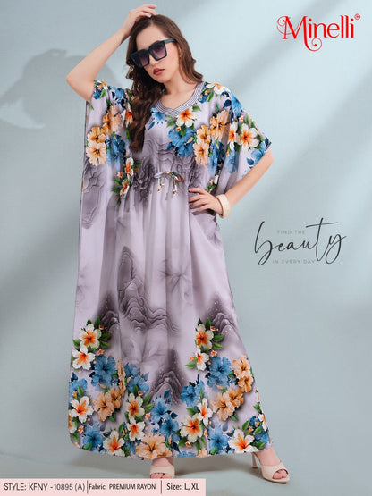 Womens Printed Kaftan Nightdress - Lavender Grey